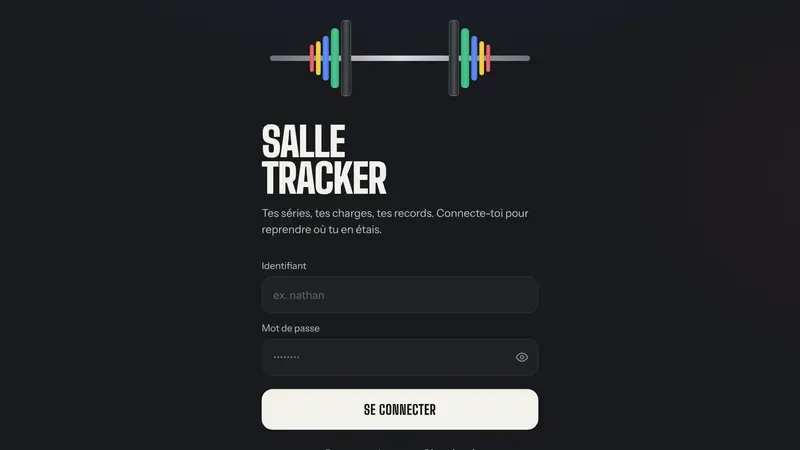 Écran de connexion de Salle Tracker, application web de suivi musculation réalisée par BressoDup